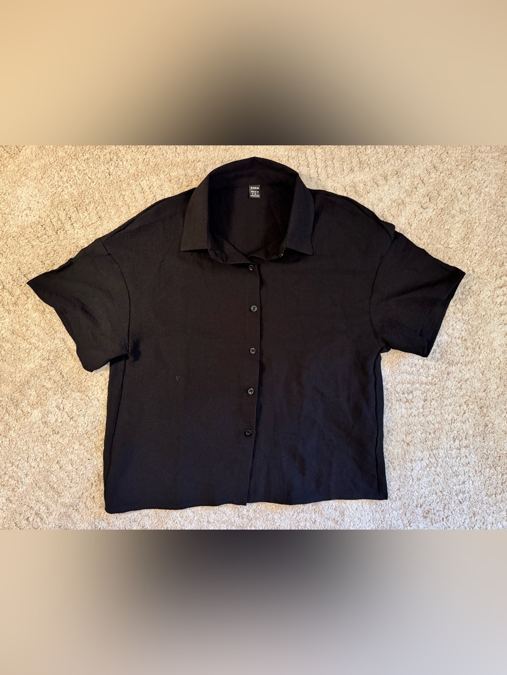 SHEIN solid black short-sleeve button-down top. Size M. Like New!